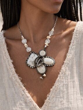 Boho Statement Necklace White Stone Pendant Beaded Neutral Natural Stone